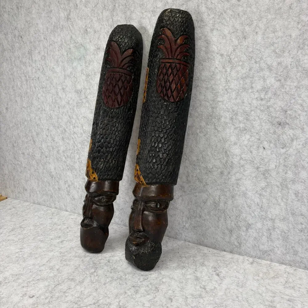 Vintage 1970s Hawaiian Carved Wood Tiki Couple – Wall Art Pair 18.5